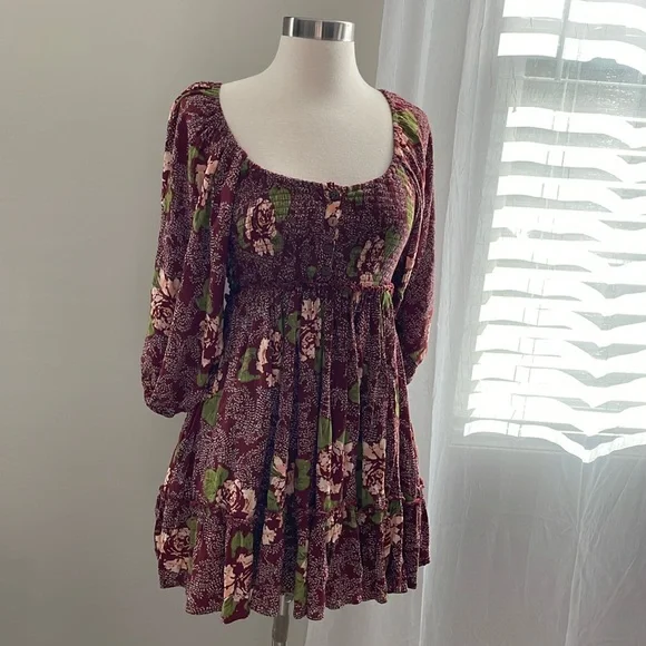 Free People Summer Picnic Printed Mini Dress Raisin Combo Brown Floral Brown - Picture 3 of 11